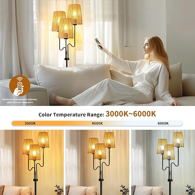 Rattan Floor Lamp for Living Room,Boho Floor Lamps Flower Standing Lamp with Remote,Dimmable Tree 3 Light Tall Lamp Farmhouse Wicker Bamboo Lamp Shade,Floor Light for Bedroom Bohemian Decor - LeafyLoom