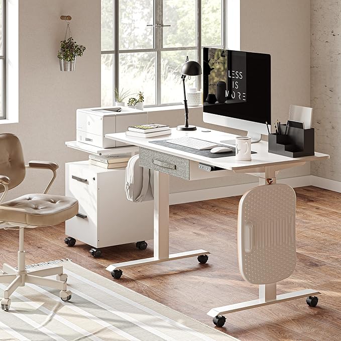 FEZIBO 48 x 24 Inches Standing Desk with Drawer, Adjustable Height Electric Stand up Desk with Storage, Sit Stand Home Office Desk, Ergonomic Computer Desk, White - LeafyLoom