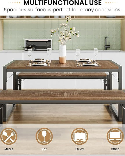 SHA CERLIN 3-Piece Dining Table Set with 2 Benches, Rustic Kitchen Table Set for 4-6, Space-Saving Dinette, Sturdy Structure, Easy Assemble, Brown/Grey - LeafyLoom