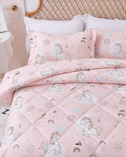 JSD Pink Unicorn Kids Comforter Set for Girls, 2 Pieces Twin Microfiber Comforter with Pillow Sham, Soft Comfortable Machine Washable - LeafyLoom