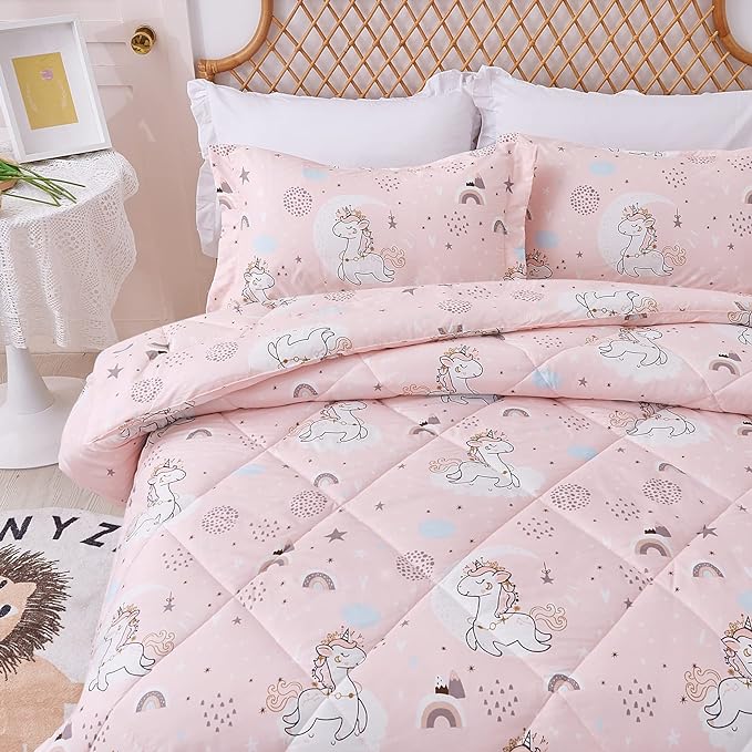 JSD Pink Unicorn Kids Comforter Set for Girls, 2 Pieces Twin Microfiber Comforter with Pillow Sham, Soft Comfortable Machine Washable - LeafyLoom