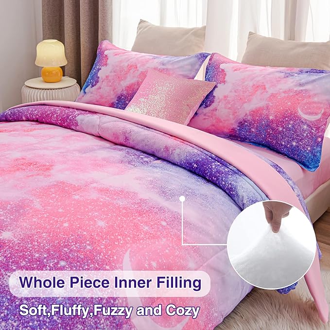 A Nice Night Galaxy Bedding Sets Outer Space Comforter 3D Printed Space Quilt Set Twin 6Pcs Glitter Pink,for Children Boy Girl Teen Kids - LeafyLoom