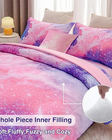 A Nice Night Galaxy Bedding Sets Outer Space Comforter 3D Printed Space Quilt Set Full 6Pcs Glitter Pink,for Children Boy Girl Teen Kids - LeafyLoom