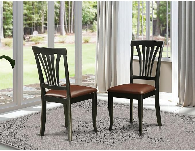 East West Furniture Avon Dining Faux Leather Upholstered Wooden Chairs, Set of 2, Black - LeafyLoom