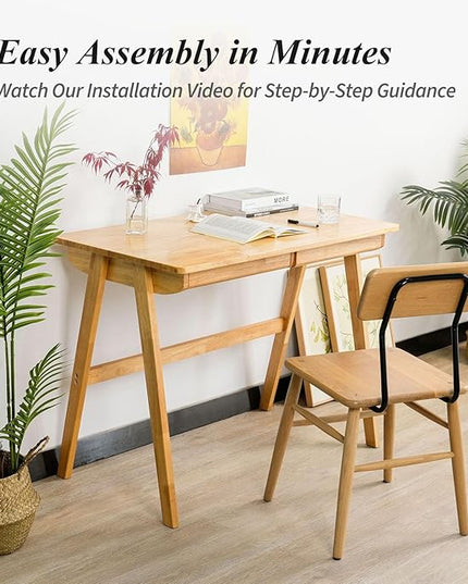 Computer Desk with Drawers, Solid Wood Writing Desk, Mid Century Modern Home Office Desks, Oak Study Table, Small Desk for Bedroom, 29.1 H x 39.4 W x 21.7 D Inches, Natural - LeafyLoom