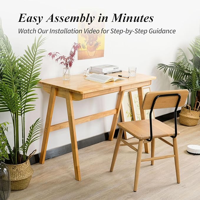 Computer Desk with Drawers, Solid Wood Writing Desk, Mid Century Modern Home Office Desks, Oak Study Table, Small Desk for Bedroom, 29.1 H x 39.4 W x 21.7 D Inches, Natural - LeafyLoom