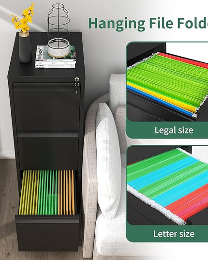 3 Drawer File Cabinet with Lock, Metal Vertical Filing Cabinets for Home Office, Steel Storage Cabinet for Hanging Legal/Letter Size Files, Assembly Required (Black) - LeafyLoom