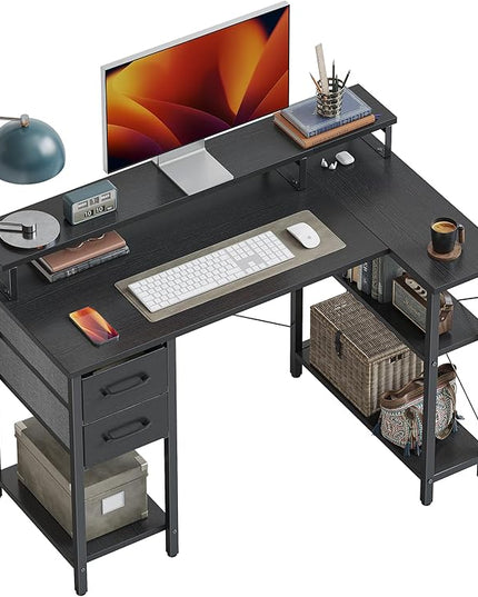 CubiCubi L Shaped Computer Desk with Monitor Stand & Shelves, 47 Inch Corner Home Office Desk Writing Table with Storage Drawer, Blck - LeafyLoom