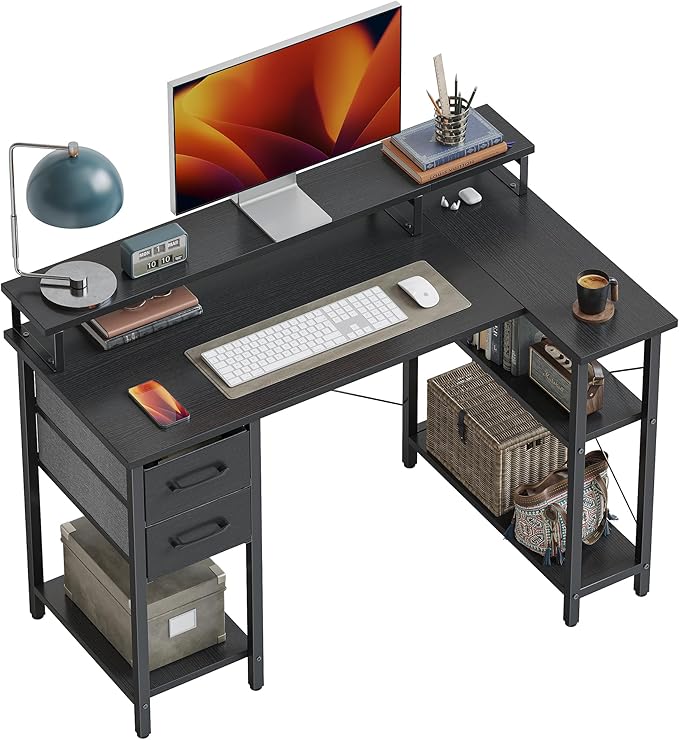 CubiCubi L Shaped Computer Desk with Monitor Stand & Shelves, 47 Inch Corner Home Office Desk Writing Table with Storage Drawer, Blck - LeafyLoom