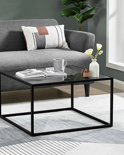 SAYGOER Glass Coffee Table, Small Modern Coffee Table Square Simple Center Tables for Living Room 26.7 x 26.7 x 15.7 Inches, Gray Black - LeafyLoom