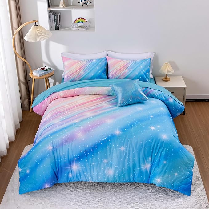 Btargot Super Soft 6 Pieces Gradient Star Ring Comforter Set, Colorful Glitter Rainbow Star Pattern Bedding Set for Boys Girls Teens, Full Light Blue - LeafyLoom