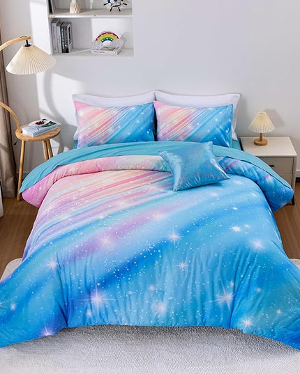 Btargot Super Soft 6 Pieces Gradient Star Ring Comforter Set, Colorful Glitter Rainbow Star Pattern Bedding Set for Boys Girls Teens, Twin Light Blue - LeafyLoom