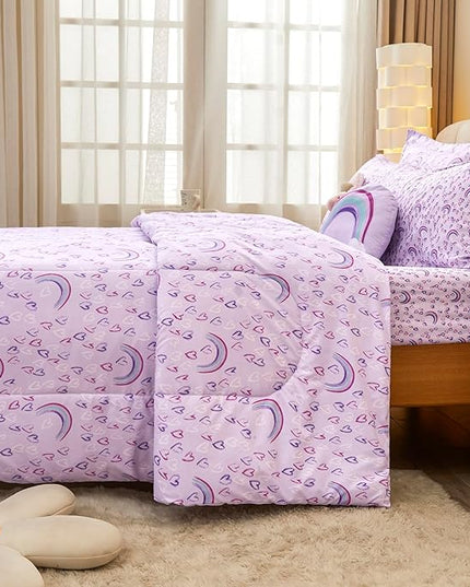 Mooreeke Queen Size Comforter Sets for Girls Kids, 8 Pieces Bed in a Bag Purple Love Heart Rainbow Bedding Comforter Sheet Set with Shams and Decorative Toy Pillow, Ultral Soft Microfiber Kids Bed Set - LeafyLoom
