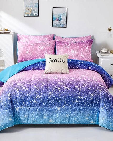 Purple Glitter Comforter Set Twin Size for Girls, Sparkle Galaxy Twinkle Starlight Comforter for Twin(2-Piece) - LeafyLoom
