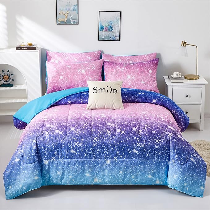 Purple Glitter Comforter Set Twin Size for Girls, Sparkle Galaxy Twinkle Starlight Comforter for Twin(2-Piece) - LeafyLoom