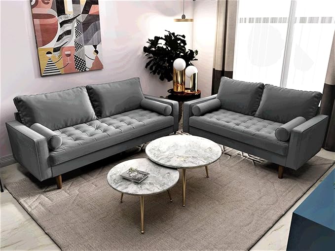 S5457 Mid Century Modern Velvet Upholstered Tufted Living Room Sofa, 69.68", Grey - LeafyLoom