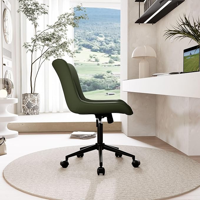 YOUNIKE Office Chair, Armless Desk Chair Computer Chair with Wheels, Modern Upholstered PU Leather Task Chair, Rolling Adjustable Swivel Home Office Desk Chair, Dark Green - LeafyLoom
