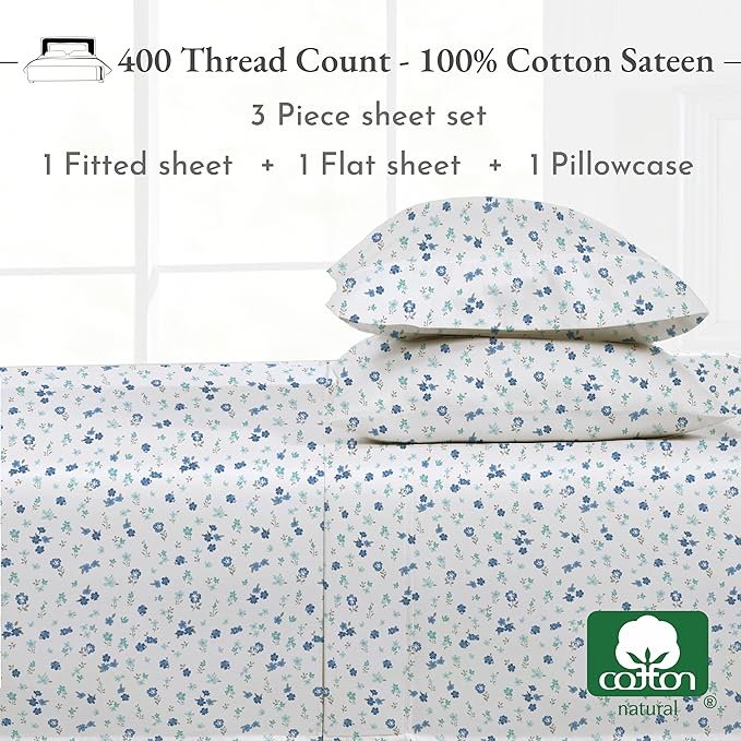 California Design Den Floral Sheets Pattern Twin Sheet Set, Luxury 400 Thread Count 100% Cotton Sheets, (Blooming Meadows) - LeafyLoom