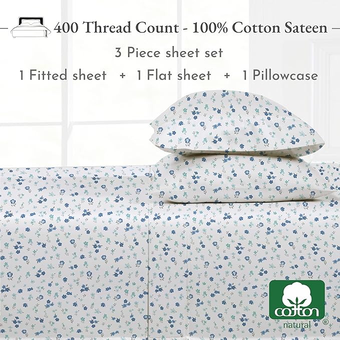 California Design Den Floral Sheets Pattern Twin-XL Sheet Set, Luxury 400 Thread Count 100% Cotton Sheets, (Blooming Meadows) - LeafyLoom