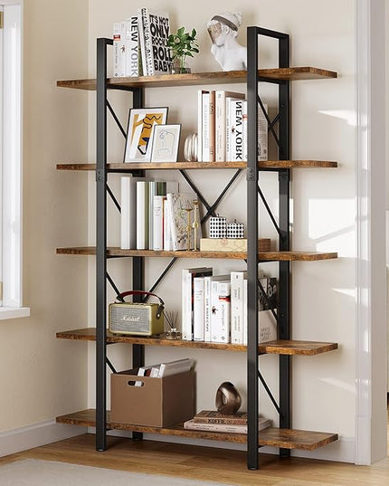 YITAHOME 5 Tier Bookshelf, 70.9" Tall Industrial Bookcase, Wide Open Display Storage Book Shelf for Living Room/Bedroom/Home/Office, Rustic Brown - LeafyLoom