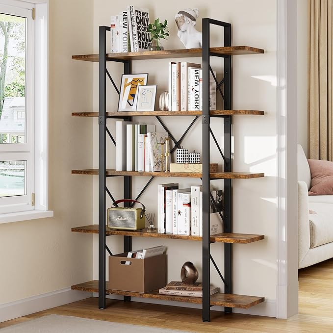 YITAHOME 5 Tier Bookshelf, 70.9" Tall Industrial Bookcase, Wide Open Display Storage Book Shelf for Living Room/Bedroom/Home/Office, Rustic Brown - LeafyLoom