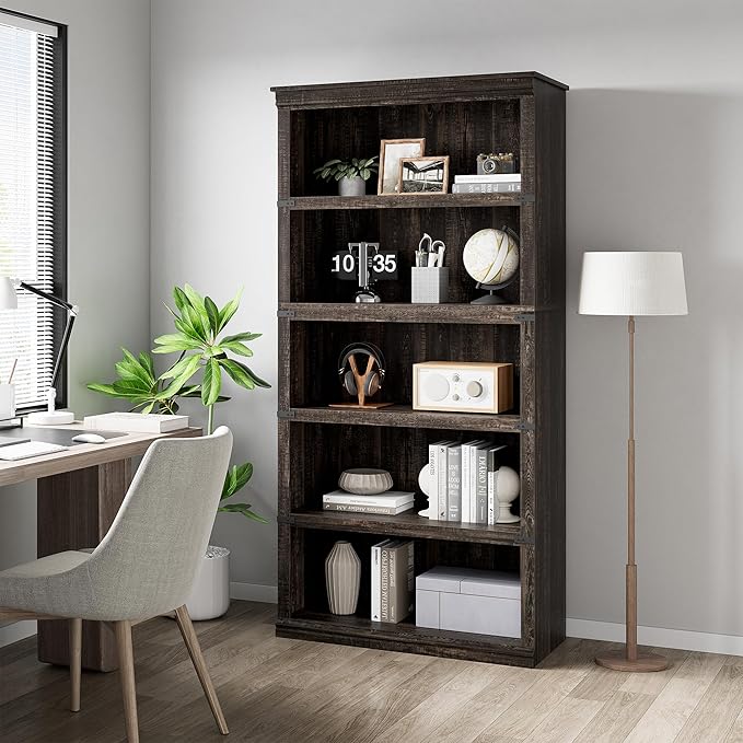 GAOMON 5 Tier Bookcase, Farmhouse Book shelf with Storage Open Display Bookshelves, 67.4" Tall Book Case Wooden 5 Shelf Bookcase Home Decor Furniture for Home Office, Living Room, Bed Room - Oak - LeafyLoom