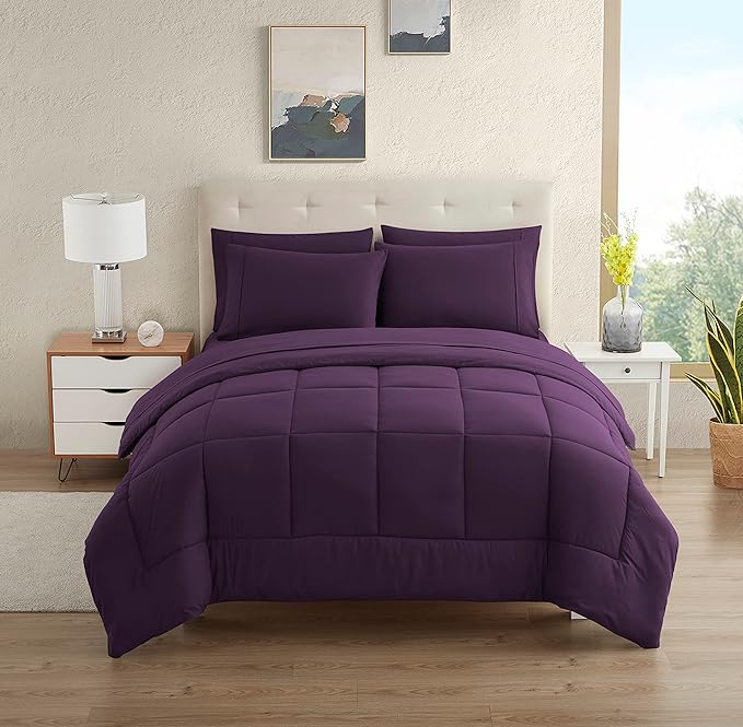 Dorm Room Essentials College Bedding Comforter Set 5 Piece Twin XL Size Bed in a Bag for College Students Boys and Girls, Twin XL, Purple - LeafyLoom