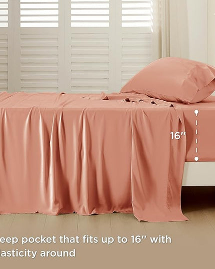 Bedsure Twin XL Sheet Set Dorm Bedding, Cooling Sheets Twin Extra Long Sheets, Rayon Derived from Bamboo, Deep Pocket Up to 16", Hotel Luxury Silky Bedding Sheets & Pillowcases, Coral - LeafyLoom