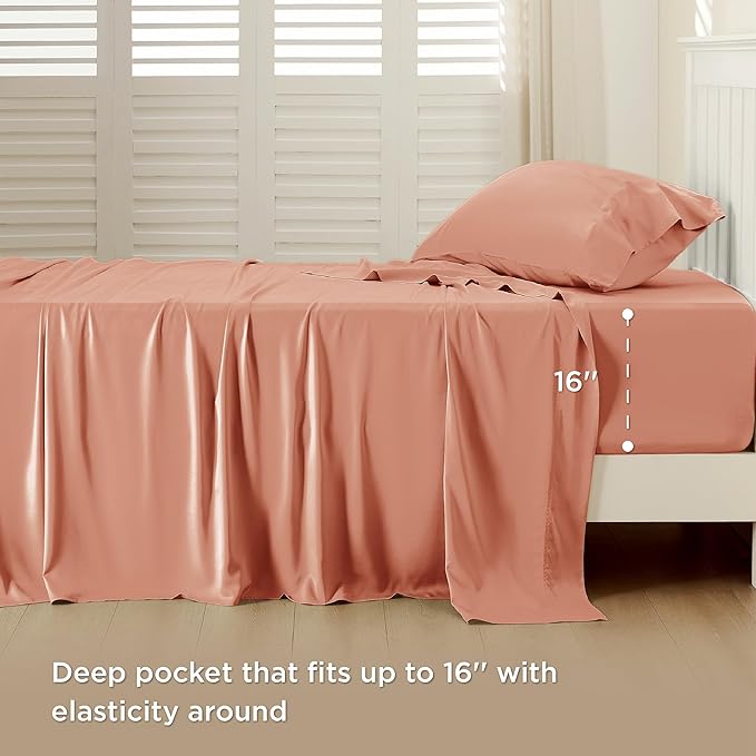 Bedsure Twin XL Sheet Set Dorm Bedding, Cooling Sheets Twin Extra Long Sheets, Rayon Derived from Bamboo, Deep Pocket Up to 16", Hotel Luxury Silky Bedding Sheets & Pillowcases, Coral - LeafyLoom
