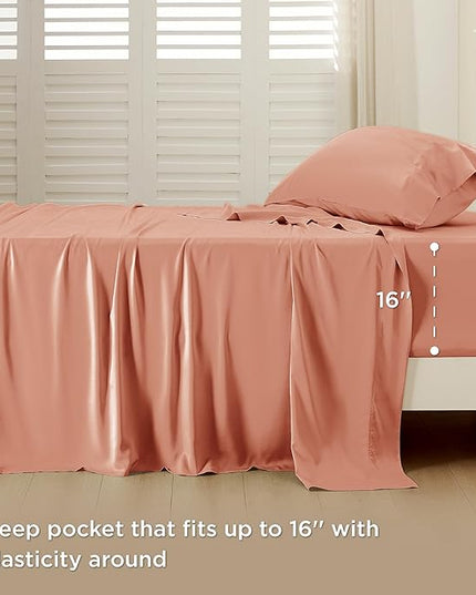 Bedsure Twin Sheets Set, Cooling Sheets Twin Size Bed Set, Rayon Derived from Bamboo, Twin Size Sheets, Breathable & Soft Bed Sheets, Hotel Luxury Silky Bedding Sheets & Pillowcases, Coral - LeafyLoom