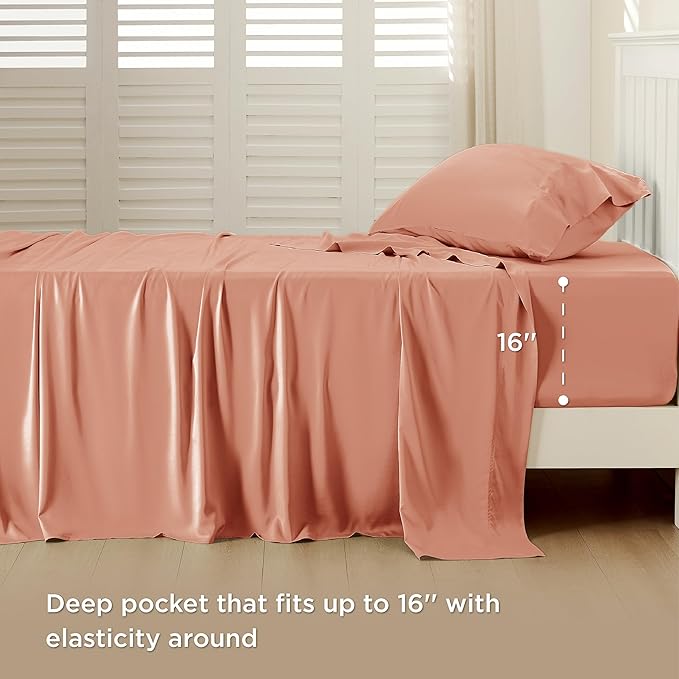 Bedsure Twin Sheets Set, Cooling Sheets Twin Size Bed Set, Rayon Derived from Bamboo, Twin Size Sheets, Breathable & Soft Bed Sheets, Hotel Luxury Silky Bedding Sheets & Pillowcases, Coral - LeafyLoom