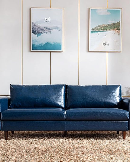 Dreamsir 80'' Faux Leather Sofa Couch, Mid-Century Modern Sofa with Solid Wooden Frame & Padded Cushions, 3-Seater Couch for Living Room, Apartment, Lounge Room (Blue) - LeafyLoom