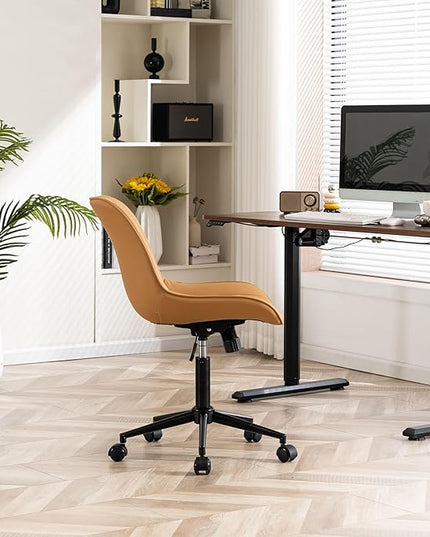 YOUNIKE Armless Office Chair with Wheels Tan Desk Chair Swivel Rolling Computer Task Chair with Back Upholstered Faux Leather Rocking Gaming Chair Height Adjustable Modern Ergonomic Wide Seat - LeafyLoom