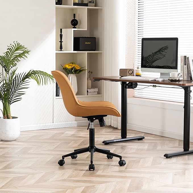 YOUNIKE Armless Office Chair with Wheels Tan Desk Chair Swivel Rolling Computer Task Chair with Back Upholstered Faux Leather Rocking Gaming Chair Height Adjustable Modern Ergonomic Wide Seat - LeafyLoom