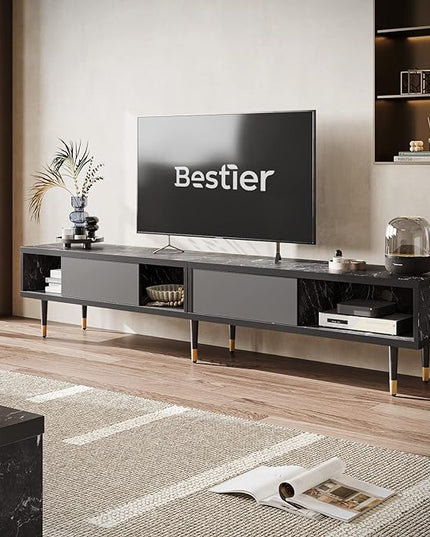 Bestier Mid Century Modern TV Stand for 85 inch tv, Entertainment Center with Storage and Sliding Doors, 2 in 1 Long TV Cabinet for Living Room, Black Marble - LeafyLoom