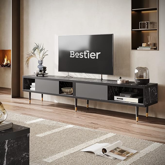 Bestier Mid Century Modern TV Stand for 85 inch tv, Entertainment Center with Storage and Sliding Doors, 2 in 1 Long TV Cabinet for Living Room, Black Marble - LeafyLoom