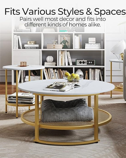 LINSY Home Round Coffee Table Set of 3 for Living Room, Modern Coffee Table with Open Storage, Wood Surface Top & Sturdy Metal Legs Large Circle Coffee Table, White and Gold - LeafyLoom