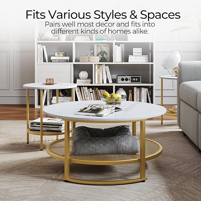 LINSY Home Round Coffee Table Set of 3 for Living Room, Modern Coffee Table with Open Storage, Wood Surface Top & Sturdy Metal Legs Large Circle Coffee Table, White and Gold - LeafyLoom