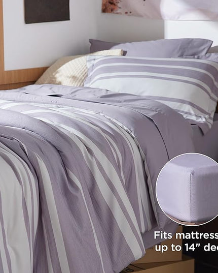Bedsure Twin XL Comforter Set, Extra Long 5 Pieces Purple Striped Twin XL Bedding Sets, All Season Dorm Room Essentials with 1 Pillow Sham, Flat Sheet, Fitted Sheet and 1 Pillowcase - LeafyLoom