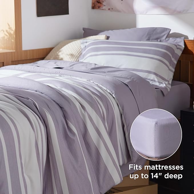 Bedsure Twin XL Comforter Set, Extra Long 5 Pieces Purple Striped Twin XL Bedding Sets, All Season Dorm Room Essentials with 1 Pillow Sham, Flat Sheet, Fitted Sheet and 1 Pillowcase - LeafyLoom
