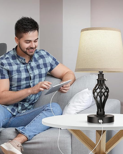 PARTPHONER Table Lamps Set of 2, Farmhouse Bedside Lamps with USB Ports, Nightstand Lamp Cream Drum Shade Spiral Cage Base Desk Lamps for Living Room Bedroom Study Room without Bulb - LeafyLoom