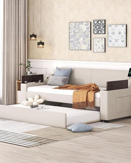 Upholstered Size Upholstery Trundle, Daybed Sofa Bed Frame with Storage Arms & USB Charging Design for Living Room Bedroom, Beige, Twin XL - LeafyLoom
