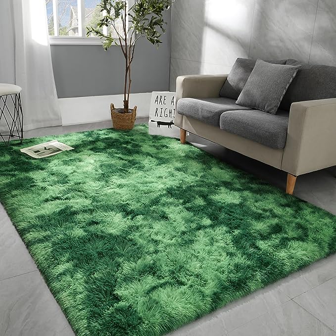 6x9 Large Area Rugs for Living Room, Super Soft Fluffy Modern Bedroom Rug, Tie-Dyed Green Indoor Shag Fuzzy Carpets for Girls Kids Nursery Room Home Decor - LeafyLoom