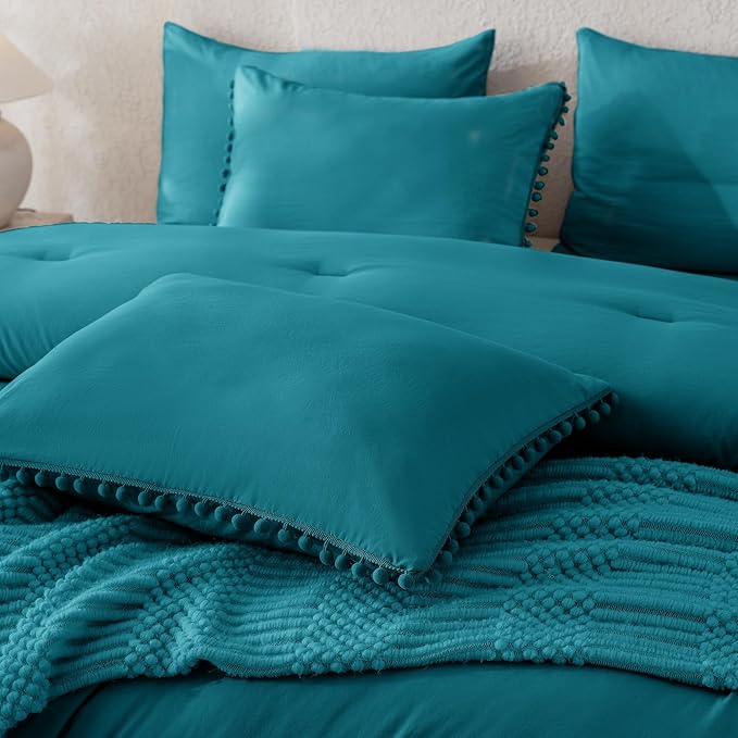 Litanika King Size Comforter Set Turquoise,3 Pieces Turquoise Boho Pom Pom Lightweight Bed Comforter, All Season Soft Solid Color Bedding Comforter Sets (1 Comforter 104x90 Inch, 2 Pillowcases) - LeafyLoom