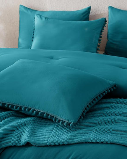 Litanika Queen Size Comforter Set Turquoise,3 Pieces Turquoise Boho Pom Pom Lightweight Bed Comforter, All Season Soft Solid Color Bedding Comforter Sets (1 Comforter 90x90 Inch, 2 Pillowcases) - LeafyLoom