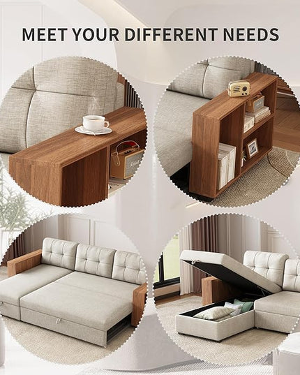 84" Sectional Sleeper Storage Chaise,L Shaped Pull Out Couch with Cabinet,Convertible Corner Sofa Bed W/ 3 Back Cushions for Living Room,Office,Apartment,Small Spaces,Beige - LeafyLoom