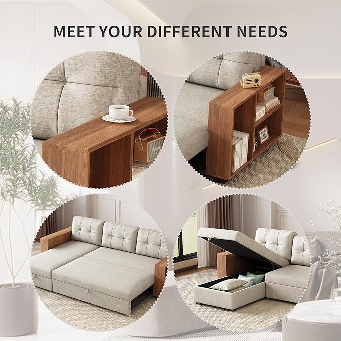 Convertible L Shaped Pull Out Couch with Storage Chaise and Wood Cabinet Armrests,Sectional Sleeper Sofa Bed W/ 3 Removable Back Cushions for Living Room,Office,Apartment,Beige,84" - LeafyLoom