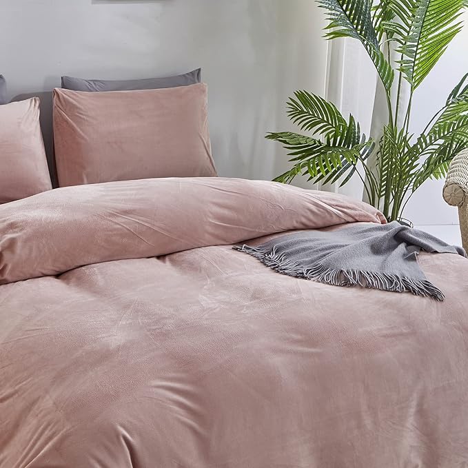 Wellboo Pink Velvet Comforter Sets Full Light Red Fluffy Bedding Comforters Full Size Women Girls Solid Pink Cute Flannel Quilts Aesthetic Pink Warm Winter Blankets Micromink Sherpa Fuzzy Plush Bed - LeafyLoom