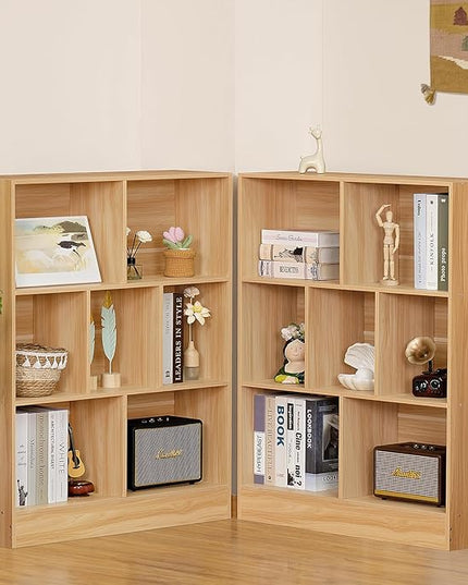 LEYAOYAO 7 Cube Bookshelf with Base,3 Tier Mid-Century Modern Natural Bookcase,Standing Wide Bookshelves Storage Organizer Shelf,Rustic Wood Display Cabinet Book Shelves for Bedroom,Living Room,Office - LeafyLoom