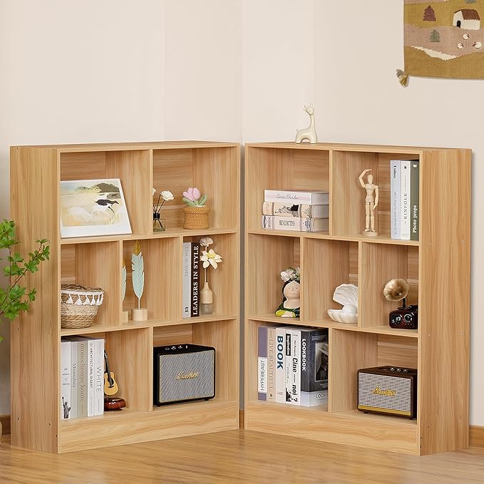 LEYAOYAO 7 Cube Bookshelf with Base,3 Tier Mid-Century Modern Natural Bookcase,Standing Wide Bookshelves Storage Organizer Shelf,Rustic Wood Display Cabinet Book Shelves for Bedroom,Living Room,Office - LeafyLoom